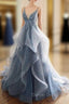 Gray Prom Dresses Tulle V Neck Ruffles Long Spaghetti Lace Beading Prom Gown