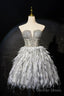 Gray Feather Short Prom Dress, Lovely Handmade Beading Pearl Sequins Prom Dresses