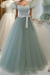 Gray Green A-Line Tulle Long Prom Dresses, Gray Green Formal Dresses
