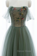 Gray Green Tulle Beaded Long Prom Dresses, A-Line Evening Dresses