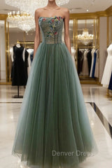 Gray Green Tulle Beaded Long Prom Dresses, A-Line Evening Dresses