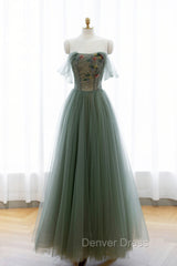 Gray Green Tulle Beaded Long Prom Dresses, A-Line Evening Dresses