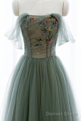 Gray Green Tulle Beaded Long Prom Dress, Beautiful A-Line Evening Dress