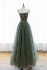 Gray Green Tulle Beaded Long Prom Dress, Beautiful A-Line Evening Dress