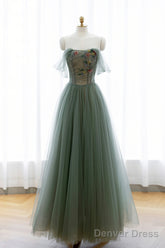 Gray Green Tulle Beaded Long Prom Dress, Beautiful A-Line Evening Dress