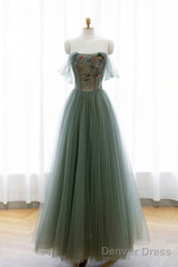 Gray Green Tulle Beaded Long Prom Dress, Beautiful A-Line Evening Dress