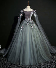 Gray Green Tulle Lace Long Prom Dress Gray Tulle Formal Dress