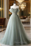 Gray Green Tulle Off Shoulder Long Prom Dress, Gray Green Prom Graduation Dresses