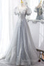 Gray Lace Long A Line Prom Dress with Sequins, Cute Short Sleeve Prom Dresses