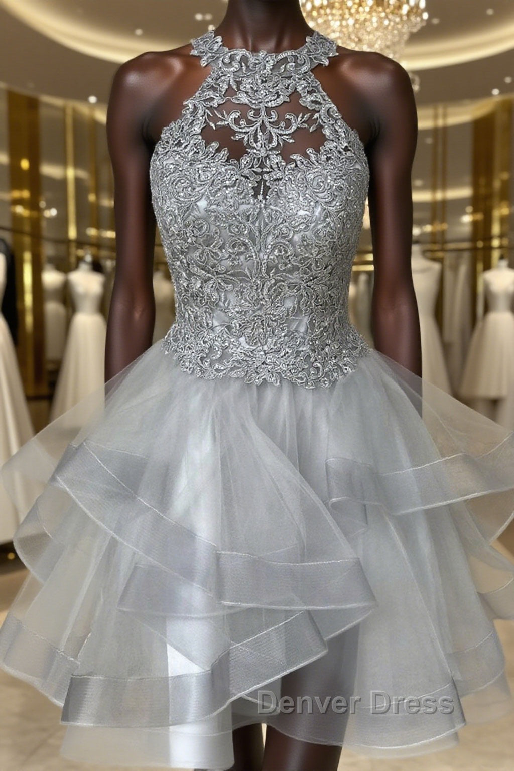 Gray Lace Short Prom Dress, Fluffy Gray Lace Homecoming Dress, Gray Pr