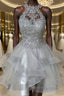 Gray Lace Short Prom Dress, Fluffy Gray Lace Homecoming Dress, Gray Prom Dresses