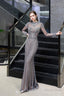 Gray Long Sleeve Mermaid Prom Dress With Sequins High Neck Prom Dresses