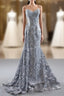 Gray Mermaid Tulle Embroidery Spagehtti Straps Pearls Prom Dresses