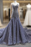 Gray Mermaid Tulle Sequins Spaghetti Straps Beading Prom Dresses With Train