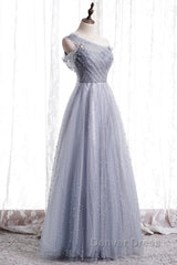 Gray One Shoulder Tulle Long Prom Dresses Gray Tulle Evening Dresses
