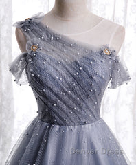 Gray One Shoulder Tulle Long Prom Dresses Gray Tulle Evening Dresses