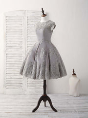 Gray Round Neck Lace Short Prom Dress Gray Bridesmaid Dress