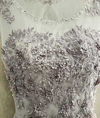 Gray Round Neck Tulle Lace Long Prom Dress, Gray Evening Dress