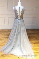 Gray Round Neck Tulle Lace Long Prom Dress Gray Lace Evening Dress
