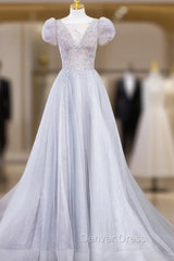 Gray Round Neck Tulle Lace Long Prom Dresses, Gray Tulle Evening Dresses