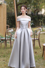 Gray Saitn Lace Long Prom Dress, A-Line Evening Dress