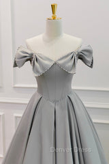 Gray Satin Floor Length Formal Dresses with Pearls, Cute A-Line Prom Dresses