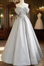 Gray Satin Long Prom Dress, A Line Spaghetti Straps Prom Graduation Dresses