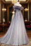 Gray Scoop Neckline Tulle Long Prom Dress, A Line Prom Graduation Dresses