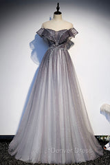 Gray Scoop Neckline Tulle Long Formal Dresses, A-Line Evening Graduation Dresses