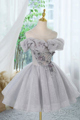 Gray Scoop Neckline Tulle Sequins Short Prom Dresses, A-Line Off The Shoulder Evening Party Dresses