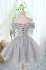 Gray Scoop Neckline Tulle Sequins Short Prom Dresses, A-Line Off The Shoulder Evening Party Dresses