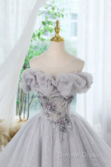 Gray Scoop Neckline Tulle Sequins Short Prom Dresses, A-Line Off The Shoulder Evening Party Dresses