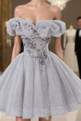 Gray Scoop Neckline Tulle Sequins Short Prom Dresses, A-Line Off The Shoulder Evening Party Dresses