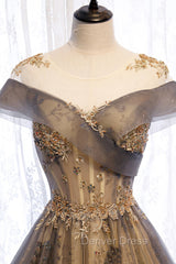 Gray Scoop Tulle Sequins Long Prom Dresses, A-Line Evening Party Dresses