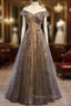 Gray Scoop Tulle Sequins Long Prom Dress, A Line Prom Dresses