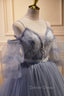Gray Spaghetti Strap Lace Long Prom Dress, Off the Shoulder Prom Dresses