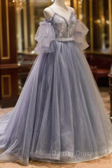 Gray Spaghetti Strap Lace Long Prom Dresses, Off the Shoulder Evening Party Dresses