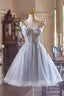 Gray Spaghetti Strap Tulle Short Prom Dress, Lovely A Line Prom Dresses With Corset