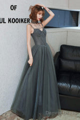 Gray Spaghetti Straps Tulle Long Prom Dress, A-Line Evening Party Dress