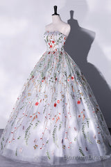Gray Strapless Floral Tulle Long Prom Dress, Cute A-Line Evening Party Dress