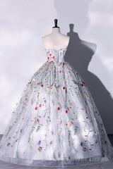 Gray Strapless Floral Tulle Long Prom Dress, Cute A-Line Evening Party Dress