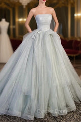 Gray Strapless Long Formal Dresses, Gray Tulle Evening Dresses Party Dresses