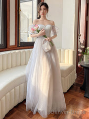 Gray Strapless Tulle Long Prom Dress, Lovely A-Line Evening Dress