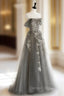 Gray Sweetheart Neck A Line Lace Long Prom Dress, Gray Prom Dresses