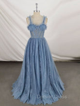 Gray Sweetheart Neck Tulle Lace Long Prom Dresses Blue Formal Dresses