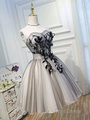 Gray Sweetheart Neck Tulle Lace Short Prom Dresses, Cute Homecoming Dresses