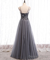 Gray Sweetheart Neck Tulle Sequin Beads Long Prom Dress