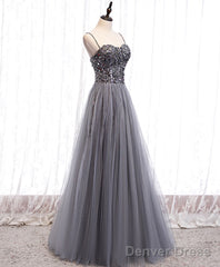 Gray Sweetheart Neck Tulle Sequin Beads Long Prom Dress