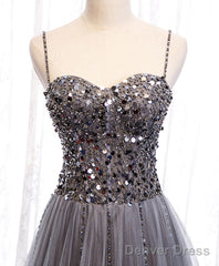 Gray Sweetheart Neck Tulle Sequin Beads Long Prom Dress