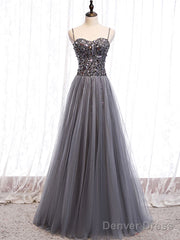 Gray Sweetheart Neck Tulle Sequin Beads Long Prom Dress